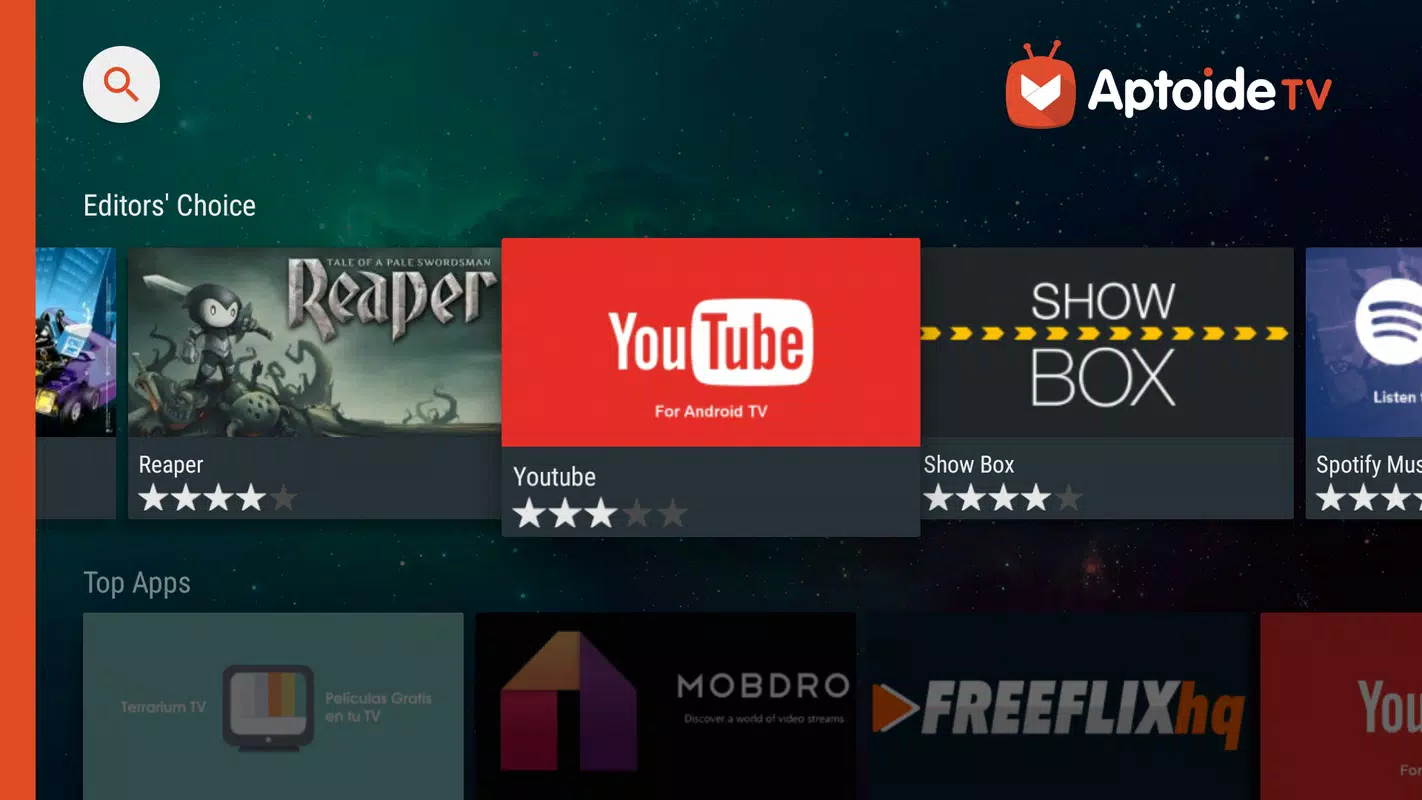 Aptoide TV Editors' Choice carousel featuring YouTube and Show Box